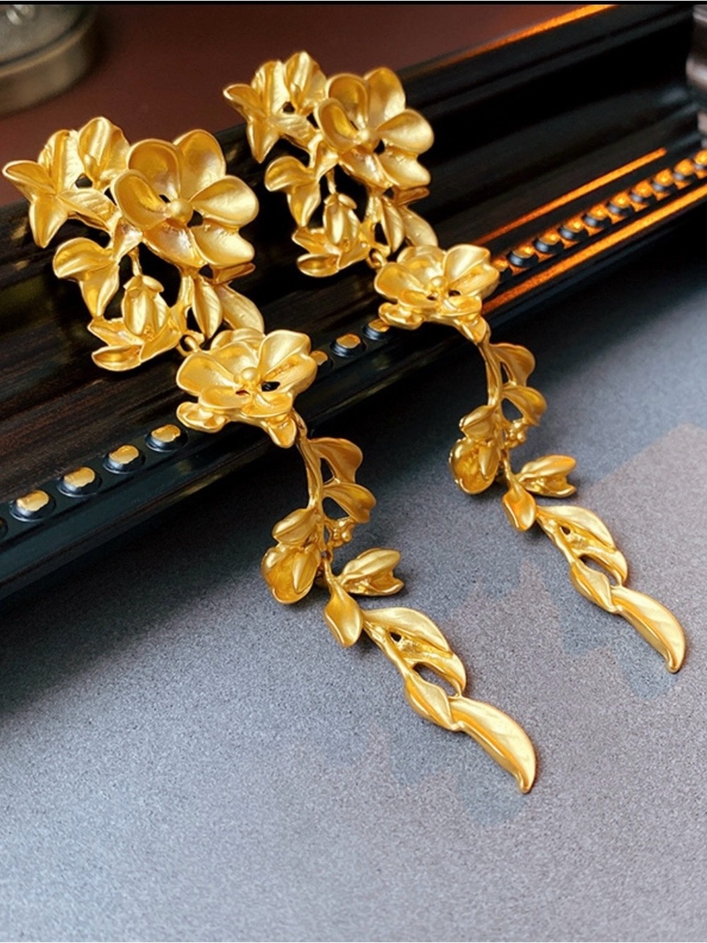 2395 -104 Vintage Matte Gold Floral Cascade Statement Drop Earrings